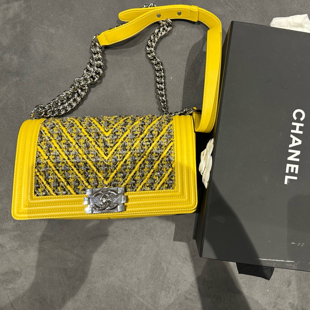 CHANEL Yellow and Gray Tweed Bag with Silver Chain